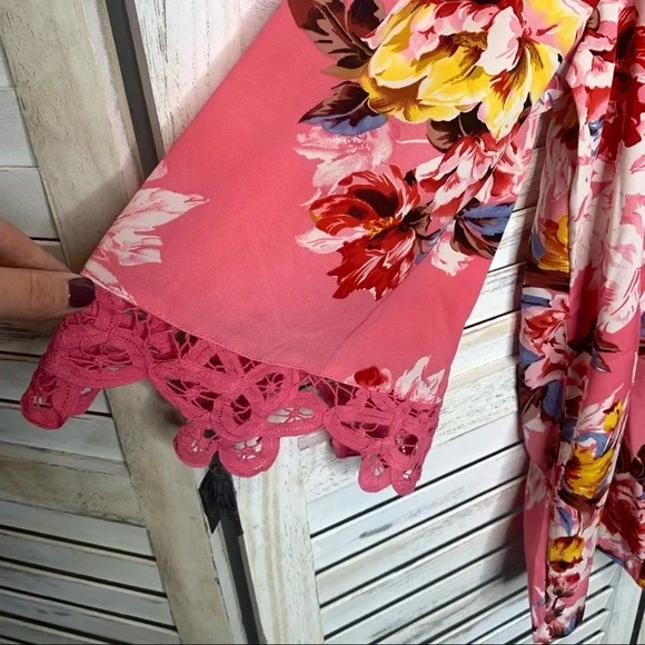 ROAMAN'S Juliet Lace Bigshirt Long Shirt Blouse Multicolor Floral Print Pink 12W - Picture 4 of 10